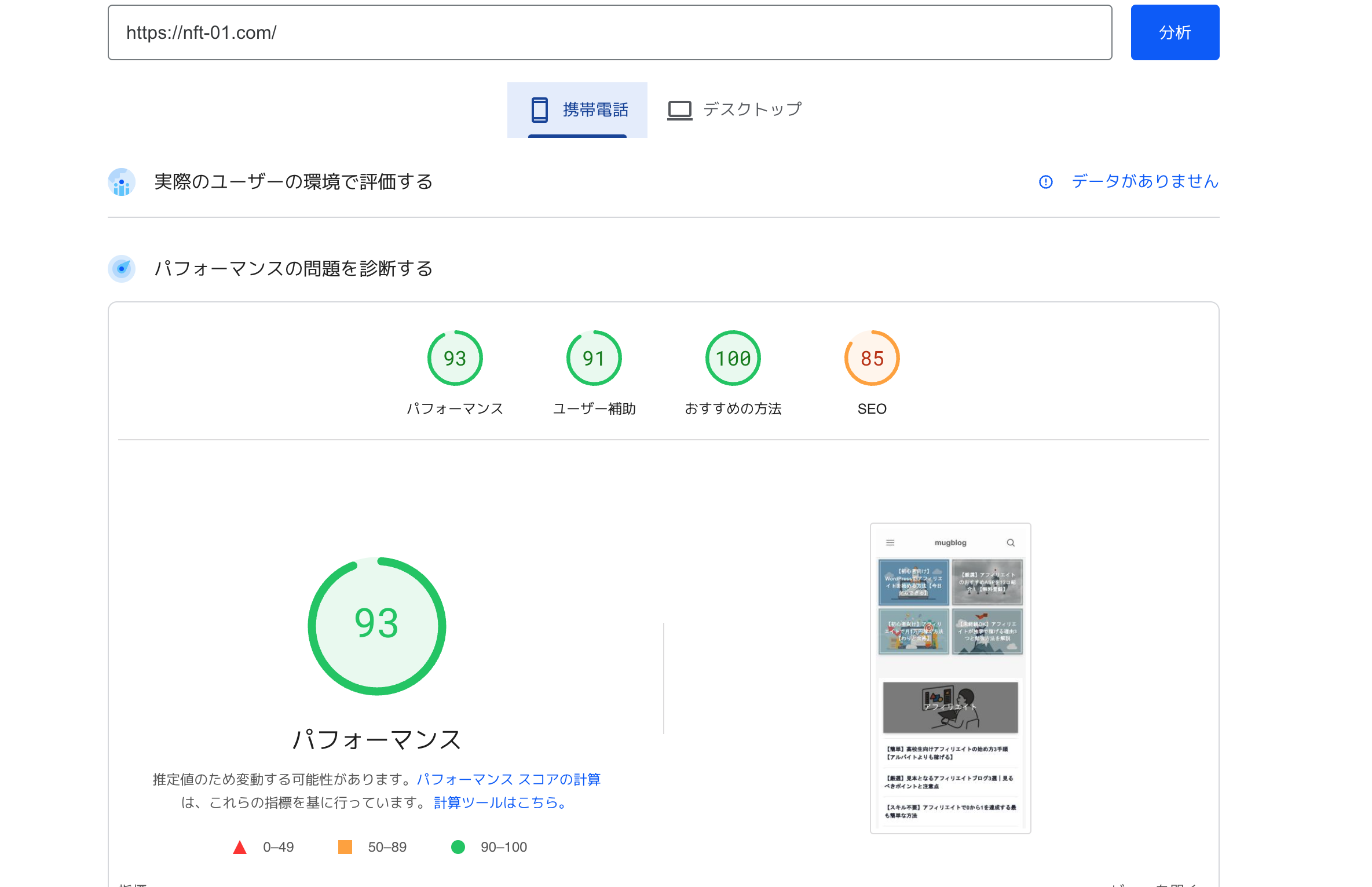 実際、当ブログのサイトスピードを計測してみると下記のように高得点がでました。